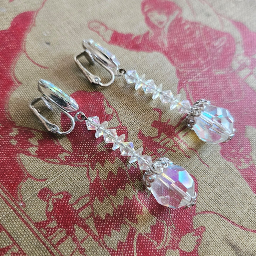 Lewis Segal USA Vintage Aurora Borealis Crystal Clip On Dangle Earrings Silver
